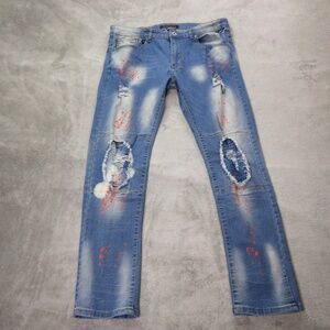 M. Society Paint Splatter Men 36x31 Blue Casual Streetwear Ripped Jeans